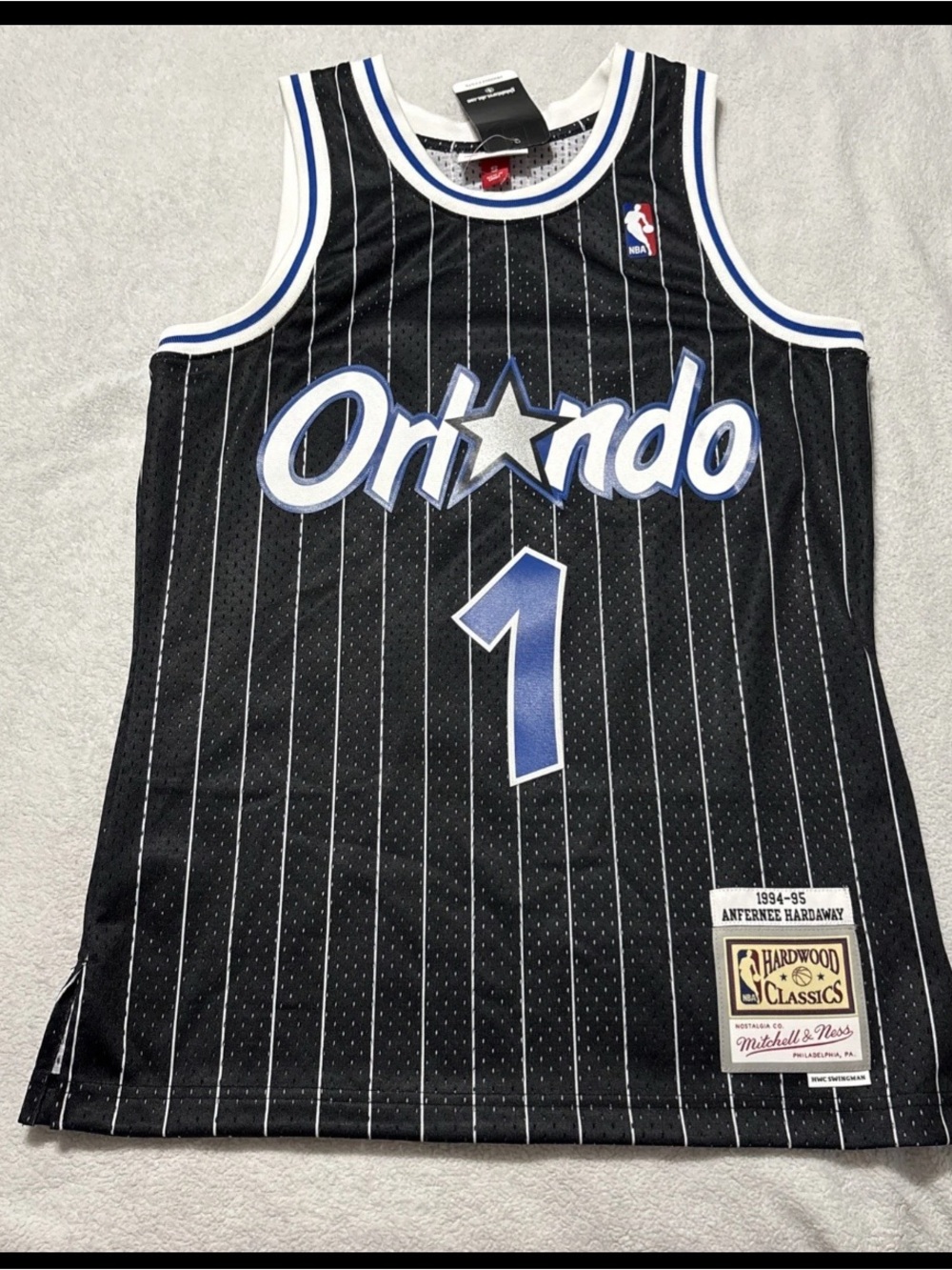 Mitchell & Ness Orlando Magic Black Pinstripe Penny Hardaway #1 Jersey